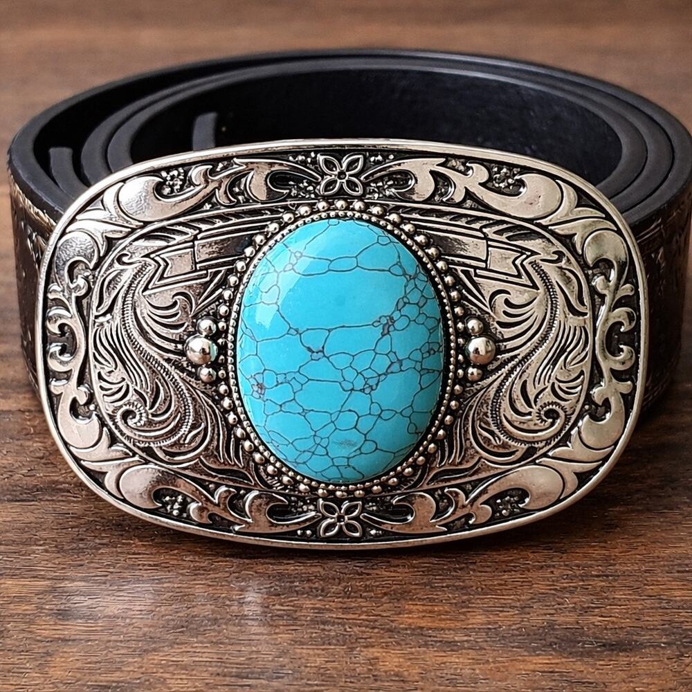 Turquoise Look Western Belt Cowgirl Rodeo Engraved Buckle Tooled Leather